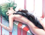  1girl :d breasts curly_hair erect_nipples groin half-closed_eyes hand_on_own_chest highres looking_at_viewer lying momonoko_noko nude on_back one-punch_man open_mouth petals ribs scissors short_hair sideboob small_breasts smile solo tatsumaki 