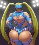  1girl ass audience backboob bare_shoulders blonde_hair breasts commentary from_behind heart_cutout highres huge_ass krekk0v large_breasts leotard long_hair muscle rainbow_mika solo stage_lights street_fighter street_fighter_v thighs thong_leotard twintails very_long_hair 