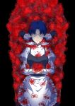  1girl apron axia-chan black_border black_bow blue_hair border bouquet bow breasts ciel covered_eyes covering_another&#039;s_eyes elesia flower flower_request hands_clasped highres juliet_sleeves long_sleeves medium_breasts own_hands_together puffy_sleeves rating short_hair solo solo_focus tsukihime 