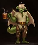  anthro beverage clothed clothing dragon fully_clothed hair_over_eyes hi_res male muscular muscular_male scalie sins_and_virtues solo 