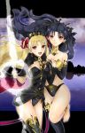  2girls :d aile_t barefoot between_breasts black_cape black_hair black_legwear black_leotard black_panties blonde_hair blush bow bra breasts cape choker cleavage collarbone diadem earrings ereshkigal_(fate/grand_order) fate/grand_order fate_(series) floating_hair fur-trimmed_cape fur_trim hair_bow highres holding holding_sword holding_weapon ishtar_(fate/grand_order) jewelry leg_up leotard long_hair looking_at_viewer medium_breasts multiple_girls open_mouth panties red_bow red_eyes shiny shiny_hair siblings single_thighhigh sisters smile standing standing_on_one_leg strapless strapless_bra striped_leotard sword thighhighs twintails underwear very_long_hair weapon 