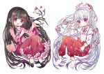  2girls :d ankle_boots armband arms_up bangs black_footwear black_hair blouse blunt_bangs blush boots branch breasts chibi commentary_request eyebrows_visible_through_hair frilled_skirt frilled_sleeves frills fujiwara_no_mokou hair_ribbon high_heels hime_cut houraisan_kaguya jeweled_branch_of_hourai long_hair long_sleeves looking_at_viewer multiple_girls ofuda open_mouth pants pink_blouse red_eyes red_skirt ribbon rimei sidelocks simple_background sitting skirt sleeve_cuffs small_breasts smile suspenders touhou very_long_hair white_background white_footwear white_hair 