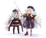  2girls azur_lane black_legwear blush commentary detached_sleeves doyagao eyebrows_visible_through_hair eyes_closed gloves hat headpiece holding holding_sword holding_weapon lefthand long_hair long_sleeves military_hat multiple_girls open_mouth pantyhose pleated_skirt puffy_sleeves red_eyes silver_hair skirt smile smug sparkle sword very_long_hair weapon white_gloves z46_(azur_lane) zeppelin-chan_(azur_lane) 