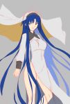  1girl axia-chan blue_eyes blue_hair ciel cross grey_background long_hair looking_to_the_side sketch solo thighs tsukihime veil very_long_hair 