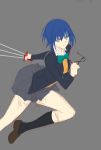  1girl axia-chan black_keys blazer blue_eyes blue_hair bow ciel glasses grey_background highres jacket kneehighs loafers looking_at_viewer removing_eyewear school_uniform shoes short_hair sketch skirt solo thighs tsukihime vest yellow_vest 