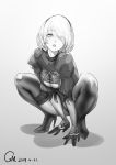  1girl 2019 absurdres all_fours artist_name blush boots breasts cleavage cleavage_cutout dated eyebrows_visible_through_hair eyes_visible_through_hair feather_trim gorgeous_mushroom greyscale hair_over_one_eye high_heel_boots high_heels highres looking_at_viewer looking_up medium_hair monochrome nier_(series) nier_automata panties pantyshot parted_lips puffy_sleeves revision shadow skindentation solo spread_legs squatting thigh_boots thighhighs underwear yorha_no._2_type_b 