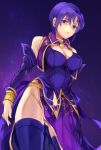  1girl bangle bangs bare_shoulders bracelet breasts cleavage closed_mouth commentary_request dress earrings elbow_gloves fire_emblem fire_emblem:_rekka_no_ken fire_emblem_heroes from_below gloves jewelry jurge large_breasts nintendo purple_background purple_eyes purple_hair short_hair side_slit solo thighhighs thighs ursula_(fire_emblem) 