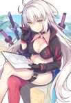  1girl ahoge bangs beach bikini black_bikini black_gloves black_jacket blurry blurry_background blush breasts choker cleavage day eyebrows_visible_through_hair fate/grand_order fate_(series) gloves hair_between_eyes highres holding holding_notepad holding_pen jacket jeanne_d&#039;arc_(alter_swimsuit_berserker) jeanne_d&#039;arc_(fate)_(all) katana large_breasts legs_crossed long_hair looking_at_viewer multiple_swords nozomi_tsubame o-ring o-ring_bikini outdoors pen red_legwear shrug_(clothing) silver_hair single_thighhigh sitting solo swimsuit sword thighhighs very_long_hair weapon yellow_eyes 