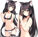  1girl 3: animal_ear_fluff animal_ears bikini black_hair blush breasts cat_ears cat_tail cleavage closed_mouth cowboy_shot eyebrows_visible_through_hair gin00 gluteal_fold green_eyes highres kyaru_(princess_connect) long_hair looking_at_viewer low_twintails multicolored_hair multiple_views navel nude own_hands_together princess_connect! princess_connect!_re:dive side-tie_bikini simple_background small_breasts streaked_hair swimsuit tail twintails very_long_hair white_background 