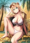  1girl animal_ears april bare_legs barefoot bikini blonde_hair breasts cleavage closed_mouth day eyebrows_visible_through_hair front-tie_bikini front-tie_top green_eyes hair_between_eyes hannelore_kummel hat himura_kiseki jacket_on_shoulders large_breasts leg_up lion_ears lion_tail looking_at_viewer medium_hair military_hat navel outdoors palm_tree side-tie_bikini sitting smile solo strike_witches_(lionheart_witch) swimsuit tail tree white_bikini world_witches_series 