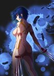 1girl areolae arms_at_sides ass axia-chan black_keys blue_eyes blue_hair breasts ciel contrapposto crossed_arms feathers highres medium_breasts nipples nude short_hair sideboob sidelocks solo splatter tattoo tsukihime 