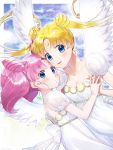  2girls alternate_eye_color back_bow bangs bare_shoulders bishoujo_senshi_sailor_moon blonde_hair blue_eyes bow breasts chibi_usa cleavage collarbone crescent double_bun dress facial_mark feathered_wings forehead_mark hair_ornament hairpin hand_holding highres hitsuji_kumo long_hair looking_at_viewer mother_and_daughter multiple_girls parted_bangs pink_hair princess_serenity short_hair small_lady_serenity smile strapless strapless_dress tsukino_usagi twintails upper_body white_bow white_dress white_wings wings 