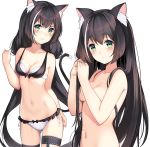  1girl 3: animal_ear_fluff animal_ears bikini black_hair blush breasts cat_ears cat_tail cleavage closed_mouth commentary_request cowboy_shot eyebrows_visible_through_hair gin00 gluteal_fold green_eyes highres kyaru_(princess_connect) long_hair looking_at_viewer low_twintails multicolored_hair multiple_views navel nude own_hands_together princess_connect! princess_connect!_re:dive side-tie_bikini simple_background small_breasts streaked_hair swimsuit tail twintails very_long_hair white_background 