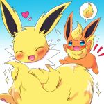  &lt;3 1:1 ambiguous_gender blue_eyes blush cute_fangs duo eeveelution eyes_closed feral flareon fluffy fluffy_tail fur jolteon kemoribbon nintendo open_mouth orange_fur pawpads pok&eacute;mon pok&eacute;mon_(species) running sparkles speech_bubble video_games yellow_fur 