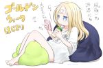  1girl abigail_williams_(fate/grand_order) alternate_costume bare_legs barefoot blonde_hair blue_eyes cellphone clothes_writing commentary_request crossed_bandaids cup disposable_cup drinking drinking_straw fate/grand_order fate_(series) highres holding holding_cellphone holding_cup holding_phone knees_up legs long_hair looking_away neon-tetora phone shirt short_sleeves sitting solo translation_request white_background white_shirt wide_sleeves 
