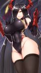  1girl azur_lane bangs bare_shoulders baton_(instrument) black_hair black_legwear black_swimsuit breasts cannon commentary_request competition_swimsuit cowboy_shot friedrich_der_grosse_(azur_lane) fur-trimmed_gloves fur_trim gloves groin hair_over_one_eye highres holding horns impossible_clothes large_breasts long_hair looking_at_viewer one-piece_swimsuit parted_lips red_gloves red_horns rigging shuugetsu_karasu skindentation smile solo swimsuit thighhighs very_long_hair world_of_warships yellow_eyes 