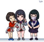  3girls :3 alternate_color alternate_eye_color artist_name bangs black_footwear black_hair black_skirt blanket blue_footwear blunt_bangs bow bowtie cardigan chibi clothes_around_waist collared_shirt crossed_arms crossover earphones female full_body hair_ornament hair_over_shoulder hairclip hand_in_pocket hassu highres holding holding_earphone leaning_on_person long_hair looking_at_another mask multiple_girls namiko necktie personification pleated_skirt purple_bow purple_neckwear red_eyes red_shirt red_skirt rubtox school_uniform scrunchie shirt shoes signature skirt socks ssss.gridman standing surgical_mask sweater_around_waist swept_bangs takarada_rikka transformers white_background white_footwear white_shirt wing_collar wrist_scrunchie 