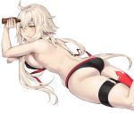  1girl ahoge ass bangs bikini black_bikini blush bottle breasts eyebrows_visible_through_hair fate_(series) hair_between_eyes holding holding_bottle itohana jeanne_d&#039;arc_(alter_swimsuit_berserker) jeanne_d&#039;arc_(fate)_(all) large_breasts long_hair looking_at_viewer lotion lying on_stomach red_legwear silver_hair simple_background single_thighhigh skindentation solo swimsuit thigh_strap thighhighs untied untied_bikini very_long_hair white_background yellow_eyes 