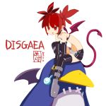  1girl absurdres copyright_name demon_girl demon_tail demon_wings disgaea earrings etna flat_chest highres jewelry mibushido_(milking) pointy_ears prinny red_hair simple_background sitting skull_earrings tail white_background wings 