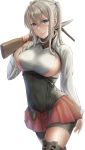  1girl arm_at_side bangs bike_shorts blonde_hair blue_eyes blush bow_(weapon) breasts corset cosplay cowboy_shot crossbow eyebrows_visible_through_hair graf_zeppelin_(kantai_collection) hair_between_eyes highres holding_crossbow kantai_collection kokuzoo large_breasts long_hair looking_at_viewer pleated_skirt red_skirt sideboob sidelocks simple_background skirt smile solo taihou_(kantai_collection) taihou_(kantai_collection)_(cosplay) taut_clothes thighhighs tsurime twintails walking weapon white_background 