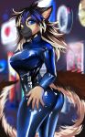  anthro big_breasts blue_eyes bodysuit breasts butt canid canine canis catsuit_(disambiguation) clothed clothing domestic_dog female german_shepherd hair herding_dog heterochromia hi_res looking_at_viewer mammal mishkanovikova rubber skinsuit solo tight_clothing yllin_emberpaw 