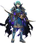  1boy alm_(fire_emblem) alternate_costume arai_teruko armor armored_boots boots bow_(weapon) cape fingerless_gloves fire_emblem fire_emblem_echoes:_mou_hitori_no_eiyuuou fire_emblem_heroes full_body gloves green_eyes green_hair hair_ornament highres male_focus nintendo official_art solo torn_clothes transparent_background weapon 