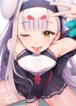  1girl ;p animal_ears azur_lane bangs bare_shoulders between_legs blurry blush breasts brown_eyes bunny_ears depth_of_field dress eyebrows_visible_through_hair hairband hand_between_legs hand_up highres long_hair long_sleeves looking_at_viewer mappaninatta one_eye_closed shimakaze_(azur_lane) signature simple_background skirt small_breasts smile solo thick_eyebrows tongue tongue_out very_long_hair white_background white_hair yellow_eyes 