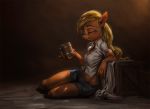  2019 anthro anthrofied applejack_(mlp) assasinmonkey blonde_hair clothing cup equid equine female freckles friendship_is_magic hair horse mammal my_little_pony pony shorts sitting solo 