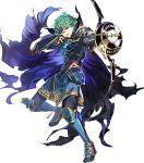  1boy alm_(fire_emblem) alternate_costume arai_teruko armor armored_boots boots bow_(weapon) cape fingerless_gloves fire_emblem fire_emblem_echoes:_mou_hitori_no_eiyuuou fire_emblem_heroes full_body gloves green_eyes green_hair hair_ornament highres male_focus nintendo official_art open_mouth teeth torn_clothes transparent_background weapon 
