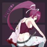  1girl artist_request ass bare_shoulders belt breasts butt_crack cape from_behind hair_ribbon highres large_breasts long_hair looking_back pants ponytail purple_hair red_eyes ribbon shiny shiny_hair shiny_skin sideboob smile solo squatting under_night_in-birth very_long_hair yuzuriha_(under_night_in-birth) 