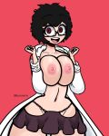  1girl absurdres areola belly_button black-framed_eyewear black_clover black_hair breast_hold breasts bunzerk cleavage collar_bone glasses highres hip_vent labcoat large_breasts looking_at_viewer magenta_background nipples open_mouth red_eyes sally_(black_clover) semi-rimless_eyewear short_hair short_shorts shorts smile solo teeth under-rim_eyewear underboob 