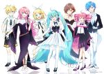  2boys 5girls ahoge aqua_eyes aqua_hair bare_shoulders blonde_hair blue_eyes blue_hair blush bow bowtie brown_hair commentary crypton_future_media dress dress_shirt dress_suit drill_hair elbow_gloves flower formal full_body gloves hair_bow hair_flower hair_ornament hairclip halter_dress halterneck hatsune_miku kagamine_len kagamine_rin kaito kasane_teto long_hair looking_at_viewer megurine_luka meiko miku_symphony_(vocaloid) multiple_boys multiple_girls necktie one_eye_closed pant_suit pink_hair red_eyes red_hair reflection rose shirt short_hair sleeveless sleeveless_dress smile straight_hair suit twin_drills twintails very_long_hair vocaloid white_background white_gloves wide_sleeves wogura 