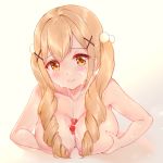  1girl bang_dream! bangs bendy_straw between_breasts blonde_hair blush breasts brown_eyes chouge60229 closed_mouth collarbone drill_hair drinking_straw eyebrows_visible_through_hair hair_between_eyes hair_bobbles hair_ornament ichigaya_arisa large_breasts long_hair milk_carton nipples nude sexually_suggestive smile solo suggestive_fluid twin_drills twintails upper_body x_hair_ornament 