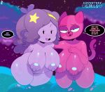  absurd_res adventure_time anthro big_breasts black_nose breasts cake_the_cat cartoon_network dialogue domestic_cat duo english_text felid feline felis female front_view fur hair_ornament hairband half-closed_eyes hi_res humanoid looking_at_viewer lumpy_space_denizen lumpy_space_princess mammal multicolored_fur nipples no_pupils nude pink_fur pink_nipples purple_nipples purple_skin pussy royalty smile somescrub speech_bubble spots spotted_fur text 
