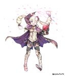  1girl armor black_gloves black_legwear blonde_hair book cape commission elise_(fire_emblem_if) fire_emblem fire_emblem_if full_body gloves graysheartart highres holding holding_book long_hair long_sleeves multicolored_hair nintendo one_eye_closed open_book open_mouth purple_eyes purple_hair simple_background solo twintails twitter_username white_background 