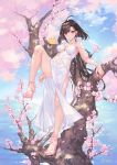  1girl ahoge anchor_hair_ornament animal artist_name ass atdan azur_lane bare_arms bare_legs bare_shoulders bird blue_sky breasts brown_hair cherry_blossoms chick closed_mouth cloud collarbone commentary day dress earrings flower hair_ornament hairclip high_heels highres horizon independence_(azur_lane) jewelry leg_up long_hair looking_at_viewer low_ponytail medium_breasts mole mole_on_thigh outdoors pelvic_curtain petals pink_flower pink_footwear red_eyes sidelocks sky smile solo standing standing_on_one_leg thighs toes tree very_long_hair water white_dress 
