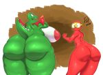  absurd_res anthro areola big_breasts breasts dig_dug dragon duo female fygar hi_res huge_breasts humanoid looking_back nipples nude one_eye_closed pooka rear_view redmoon83 thick_thighs wide_hips wink 