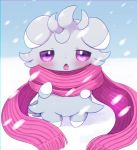  ambiguous_gender blush espurr fur grey_fur hi_res kemoribbon looking_at_viewer nintendo open_mouth pink_eyes pok&eacute;mon pok&eacute;mon_(species) scarf snow snowing solo video_games 