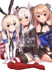  3girls all_fours amatsukaze_(kantai_collection) black_gloves black_legwear black_panties black_skirt blonde_hair blue_shirt blush breasts brown_dress brown_eyes cleavage commentary_request cover cover_page crop_top dress elbow_gloves embarrassed garter_straps gloves grey_eyes hair_ornament hair_tubes hairband hand_on_own_chest hand_up highres johnston_(kantai_collection) kantai_collection light_brown_hair long_hair looking_at_viewer medium_breasts miniskirt multiple_girls off_shoulder open_mouth panties pleated_skirt red_legwear sailor_collar sailor_dress school_uniform serafuku shimakaze_(kantai_collection) shirt short_dress silver_hair single_glove sitting skirt smile striped striped_legwear sweatdrop takanashi_kei_(hitsujikan) thighhighs two_side_up underwear wariza white_gloves 