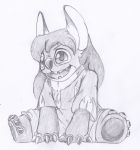  2017 4_fingers 4_toes alien alternate_species claws clothed clothing disney experiment_(species) fan_character fur graphite_(artwork) greyscale hair hi_res kitsune_youkai lilo_and_stitch lilo_pelekai lilo_pelekai_(experiment) looking_at_viewer monochrome muumuu no_sclera pencil_(artwork) simple_background sitting sketch solo toes traditional_media_(artwork) white_background young 