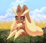  2019 anthro arm_support big_eyes black_sclera cute_eyes cute_face dannyckoo eyelashes female flower fur grass hi_res lagomorph long_ears looking_at_viewer lopunny mammal nails nintendo nude on_ground outside plant pok&eacute;mon pok&eacute;mon_(species) red_eyes sitting sky smile solo video_games 