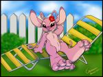  2019 4_fingers 4_toes alien alternate_version_at_source angel_(lilo_and_stitch) antennae_(anatomy) big_feet black_border black_eyes blush border chair chest_tuft disney experiment_(species) eyelashes feet female fence flower foot_growth fur guardianslade hand_behind_head lilo_and_stitch looking_at_viewer lounge_chair open_mouth open_smile outside pink_fur plant purple_nose purple_tongue pussy small_tail smile solo toes tongue tuft url 