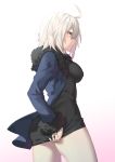  1girl ahoge ass bangs black_dress blue_jacket blush breasts commentary_request cowboy_shot dress dress_tug eyebrows_visible_through_hair fate/grand_order fate_(series) fur-trimmed_jacket fur_trim highres itohana jacket jeanne_d&#039;arc_(alter)_(fate) jeanne_d&#039;arc_(fate)_(all) large_breasts looking_at_viewer medium_breasts open_clothes open_jacket short_dress short_hair silver_hair solo sweatdrop wicked_dragon_witch_ver._shinjuku_1999 yellow_eyes 