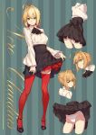  1girl ahoge black_footwear black_skirt blonde_hair breasts cameltoe character_name commentary_request cravat dress_shirt expressions fate/extra fate/grand_order fate_(series) green_eyes hair_intakes high-waist_skirt highres huge_ahoge looking_at_viewer medium_breasts nero_claudius_(fate) nero_claudius_(fate)_(all) oneko panties red_legwear shirt short_hair skirt skirt_lift smile solo thighhighs underwear white_panties 