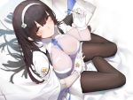  1girl bangs black_hair black_legwear blush breasts girls_frontline gloves hairband highres holding impossible_clothes isaka_wasabi large_breasts long_hair looking_at_viewer non-web_source pantyhose qbz-95_(girls_frontline) sitting smile solo uniform very_long_hair white_gloves yellow_eyes 