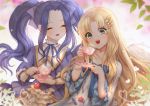  2girls angel_wings bangs blonde_hair blue_berry blue_eyes blue_ribbon commentary cup dress english_commentary eyes_closed feathered_wings firo_(tate_no_yuusha_no_nariagari) food fruit hair_ornament hair_ribbon high_collar holding holding_cup juliet_sleeves leaf leirix_(leirixart) long_hair long_sleeves melty_q_melromarc multiple_girls open_mouth parted_bangs plate puffy_sleeves purple_dress purple_hair ribbon sidelocks smile strawberry tate_no_yuusha_no_nariagari teacup twintails white_wings wings 