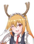  1girl ;d artist_name bangs blonde_hair disco_brando dragon_horns elbow_gloves eyebrows_visible_through_hair fang gloves gradient_hair hair_between_eyes horns kobayashi-san_chi_no_maidragon long_hair looking_at_viewer maid maid_headdress multicolored_hair one_eye_closed open_mouth orange_eyes orange_hair puffy_short_sleeves puffy_sleeves red_neckwear short_sleeves simple_background slit_pupils smile solo tooru_(maidragon) twintails twitter_username upper_body v_over_eye white_background white_gloves 