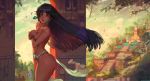  1girl absurdres ass bare_shoulders black_hair breasts brown_eyes chel_(the_road_to_el_dorado) cleavage cutesexyrobutts dark_skin deep_skin earrings highres huge_filesize jewelry large_breasts lips long_hair looking_at_viewer mayan paid_reward parted_lips patreon_reward sash scenery solo the_road_to_el_dorado thick_thighs thighs topless very_long_hair 