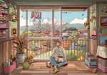  1boy 2019 artist_name barefoot black_hair blue_sky cat closed_mouth cloud day denim green_footwear indoors jeans kitsu+3 looking_away mountain original pants paper_airplane plant potted_plant railing scenery short_hair sitting sky smile socks solo yarn yarn_ball 