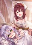  +_+ 2girls alt atelier_(series) atelier_lydie_&amp;_suelle atelier_sophie bare_shoulders bed blanket blush book bowl breasts brown_hair chair closed_mouth collarbone detached_collar eyebrows_visible_through_hair eyes_closed frills green_eyes hair_between_eyes hairband head_scarf highres holding holding_spoon holding_tray indoors lavender_hair long_hair medium_breasts mouth_hold multiple_girls on_bed on_pillow plachta red_skirt sick skirt smile sophie_neuenmuller spoon standing steam tearing_up thermometer towel tray very_long_hair 